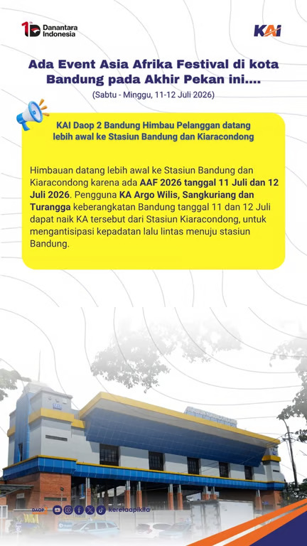 Asia Afrika Festival 2026 Digelar Akhir Pekan di Kota Bandung, KAI Daop 2 Bandung Imbau Pelanggan Datang ke Stasiun Lebih Awal. sumber: vritimes.com